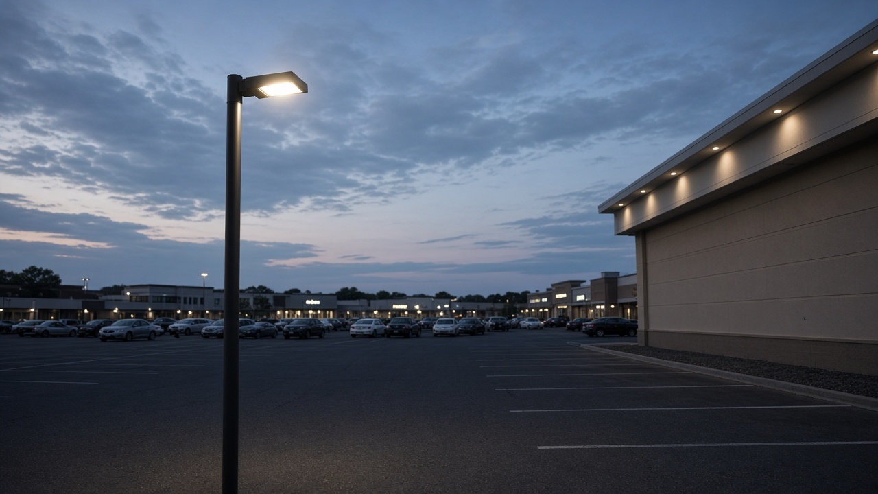Parking-lot pole light and sign lighting at dusk